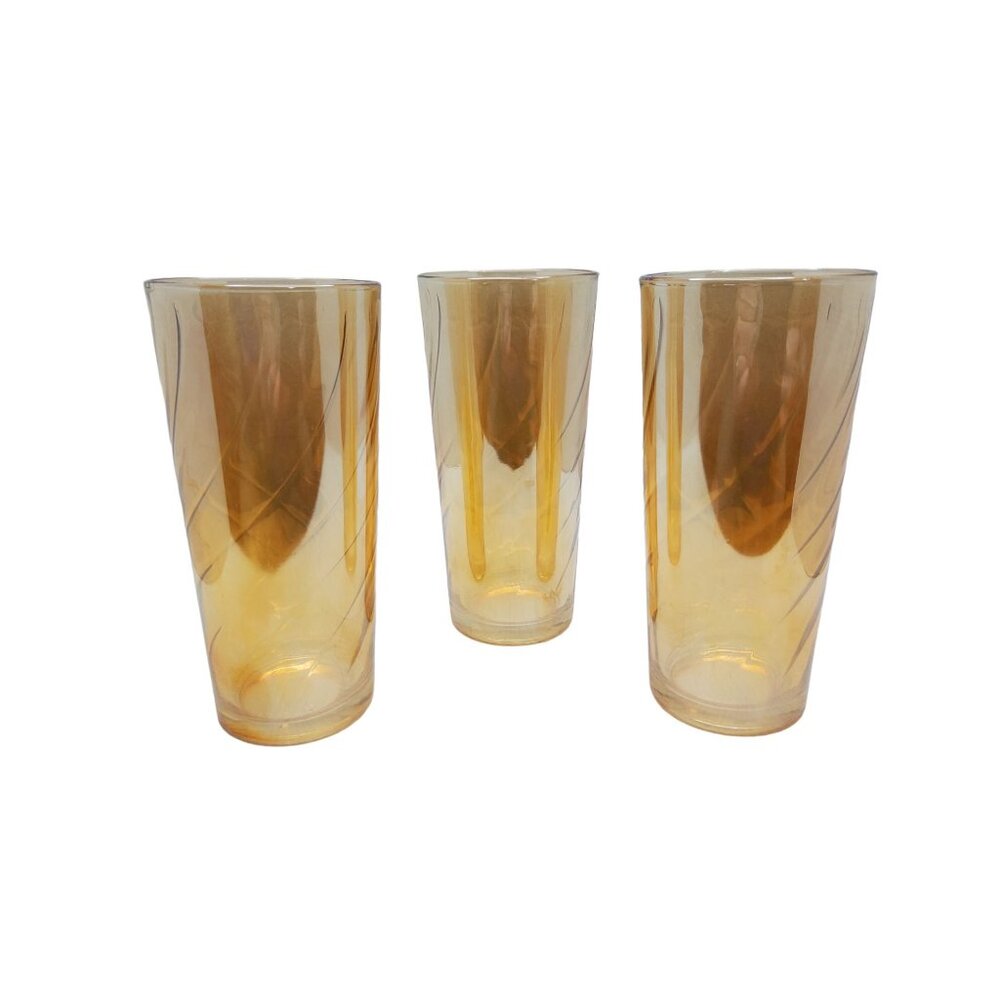 vintage set of 3 jeanette marigold/carnival glass swirl pattern tumblers